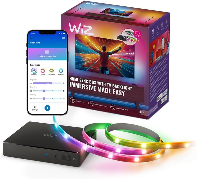 WiZ HDMI Sync Box TV világítás 75-85 colos tévéhez, RGBIC LED szalag, Google és Alexa kompatibilis