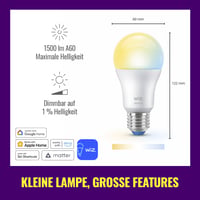 WiZ pametna LED žarulja A60, podesiva bijela svjetlost, grlo E27, 100 W, 1521 lumena, prigušiva, kompatibilna s Alexa, Google Assistant i Apple Home, 1 kom. 9