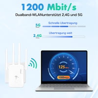 WLAN Jelerősítő 1200 Mbps – Kétsávos (2.4GHz + 5GHz) WiFi Erősítő 4 Külső Antennával, LAN/WAN Porttal 2