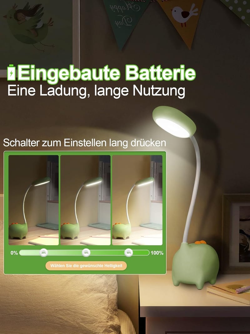 WLHONG Dinoszaurusz Asztali Lámpa Gyerekeknek, Érintéses Szabályozható LED Éjjeli Fény USB Töltéssel, Szembarát Olvasólámpa