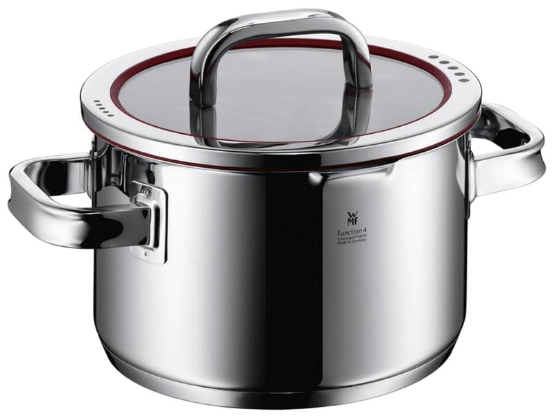 Oală WMF Function 4 20 cm 3,4 l cu capac din sticlă, roșie, oțel inoxidabil Cromargan, pentru plită cu inducție, cu scală gradată la interior, 4 funcții de scurgere
