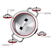 Oală WMF Function 4 20 cm 3,4 l cu capac din sticlă, roșie, oțel inoxidabil Cromargan, pentru plită cu inducție, cu scală gradată la interior, 4 funcții de scurgere 10