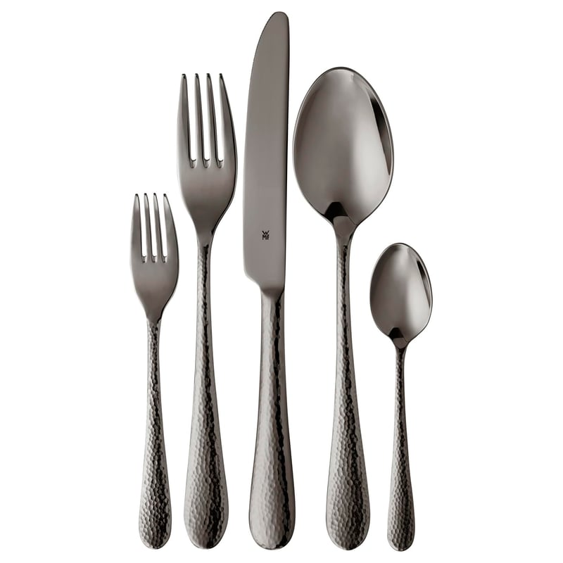 Sada príborov WMF Sitello pre 6 osôb, Midnight Edition, 30-dielna súprava, monoblokový nôž, leštená ušľachtilá oceľ Cromargan, tepaný povrch (Hammerschlag), ergonomický dizajn
