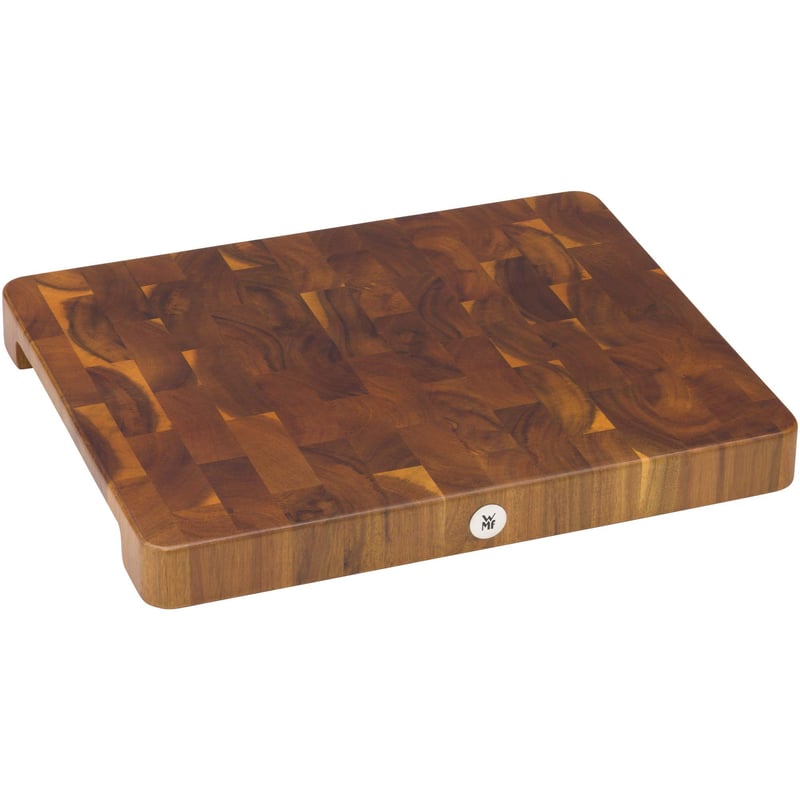 Tocător WMF din lemn de salcâm 40x32x4 cm, suprafață de lucru mare, protejează lama cuțitului, design tip capăt de fibră (end grain), picioare cauciucate