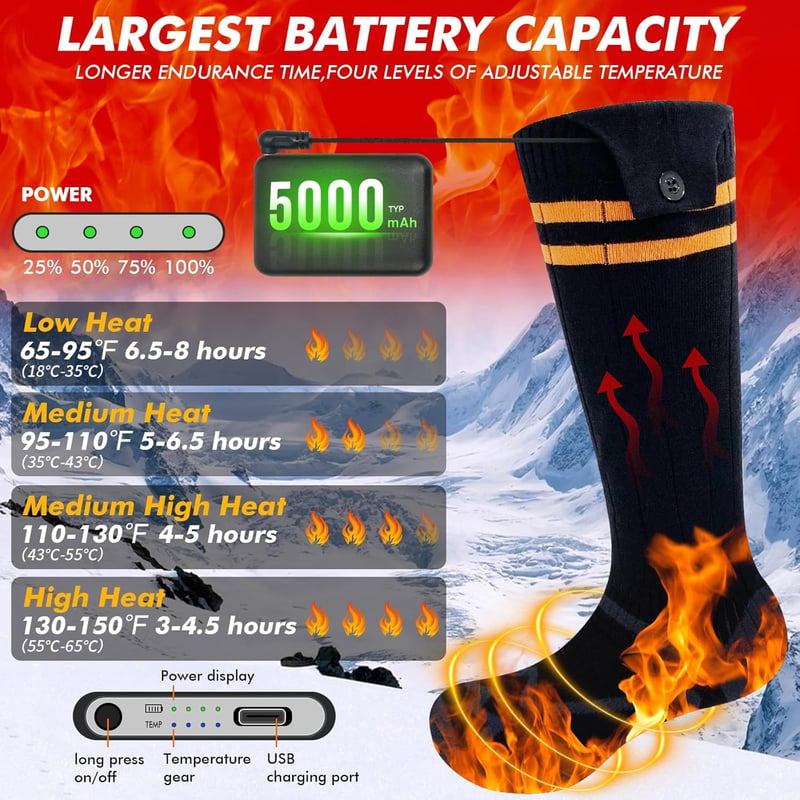Wndy's Dream Fűthető Zokni Újratölthető 5000mAh Akkumulátorral 65°C Hőmérséklet 36-42 Méret Unisex Téli Melegítő Zokni