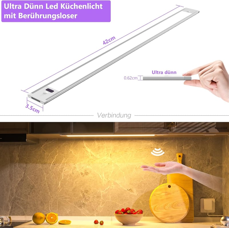 WOBSION 42cm LED Konyhapult Világítás Érzékelővel Dimmelhető Meleg Fehér - 42 cm, Warm White