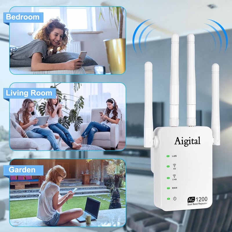 Wodgreat 1200 Mbit/s Dual Band WiFi Jelerősítő, 2.4G & 5G WLAN Repeater Ethernet Porttal, 4 Antennás Jelismétlő, 245m² Lefedettség, AP Mód