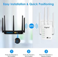 Wodgreat 1200 Mbit/s Dual Band WiFi Jelerősítő, 2.4G & 5G WLAN Repeater Ethernet Porttal, 4 Antennás Jelismétlő, 245m² Lefedettség, AP Mód 6