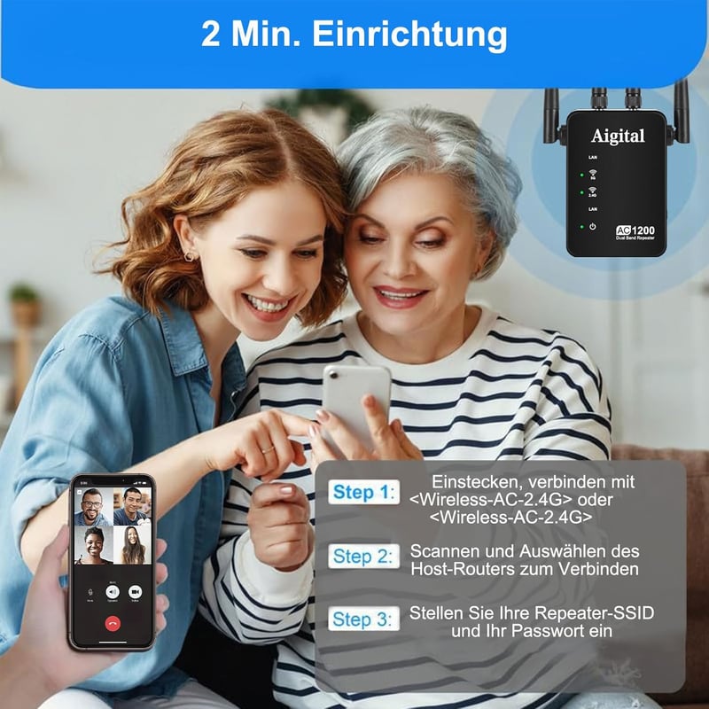 Wodgreat AC1200 WiFi Jelerősítő - Dual Band (5GHz 867Mbps + 2.4GHz 300Mbps) Repeater, Router és AP Mód, WPS, 45+ Eszköz Támogatás