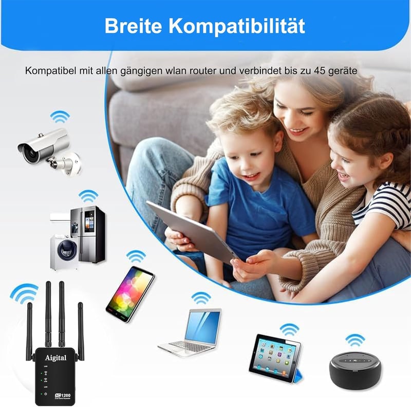 Wodgreat AC1200 WiFi Jelerősítő - Dual Band (5GHz 867Mbps + 2.4GHz 300Mbps) Repeater, Router és AP Mód, WPS, 45+ Eszköz Támogatás