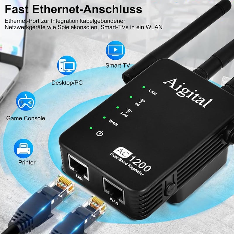 Wodgreat AC1200 WiFi Jelerősítő - Dual Band (5GHz 867Mbps + 2.4GHz 300Mbps) Repeater, Router és AP Mód, WPS, 45+ Eszköz Támogatás