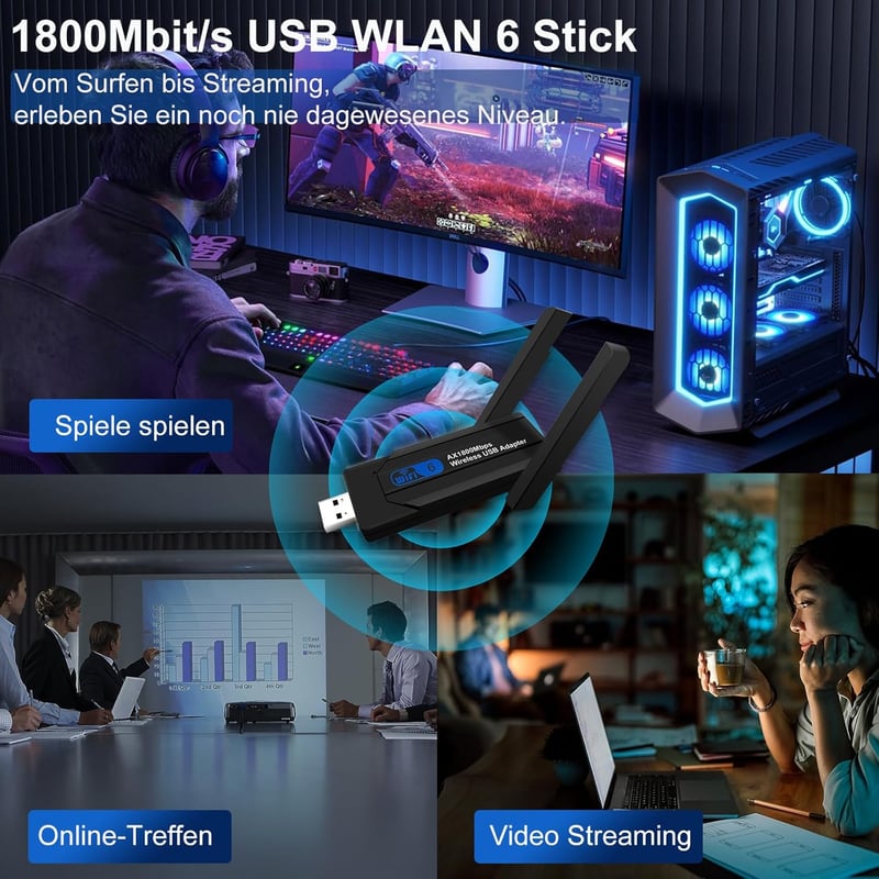 Wodgreat WiFi 6 USB Adapter 1800Mbit/s - Dual Band (5GHz 1201Mbps + 2.4GHz 574Mbps) WLAN Stick Windows 10/11 Laptophoz és PC-hez, USB 3.0
