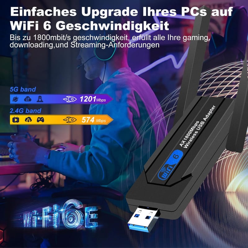 Wodgreat WiFi 6 USB Adapter 1800Mbit/s - Dual Band (5GHz 1201Mbps + 2.4GHz 574Mbps) WLAN Stick Windows 10/11 Laptophoz és PC-hez, USB 3.0
