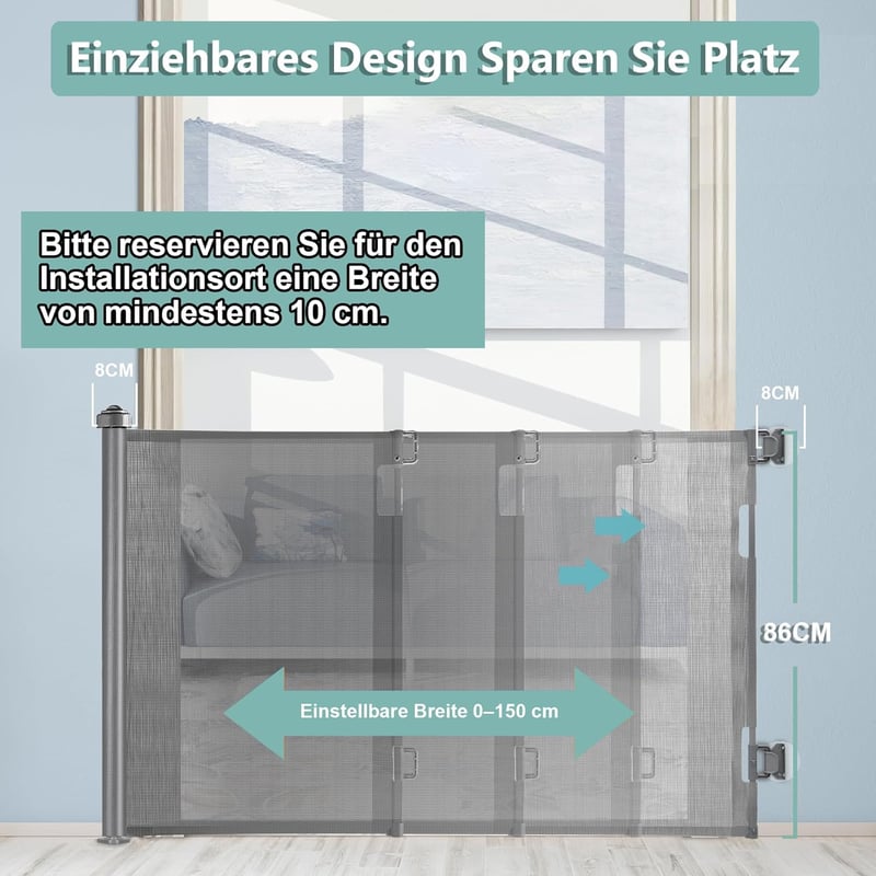 WodonDirect Biztonsági Ajtórács 150 cm - Fúrás Nélkül Telepíthető Babáknak és Kutyáknak, Kihúzható Lépcsőrács Egykezes Zárral, 83 cm Magas, 