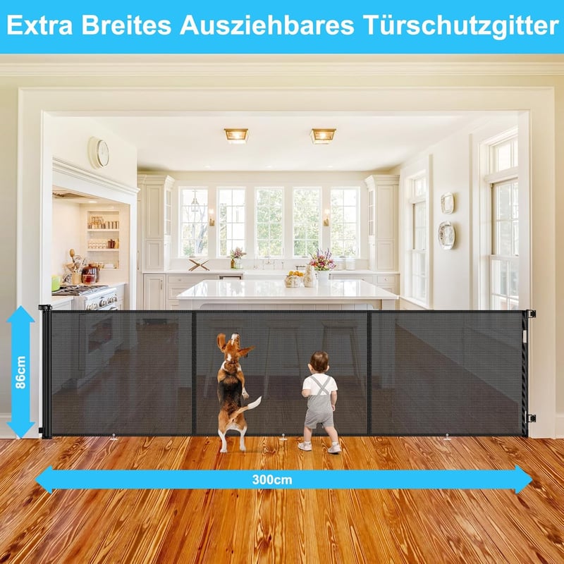 WodonDirect Biztonsági Ajtórács - 300 cm Széles, 86 cm Magas Kihúzható Gyerekkapu és Kutyarács Lépcsőhöz, Ajtóhoz, Folyosóhoz, Kültérre, Fek