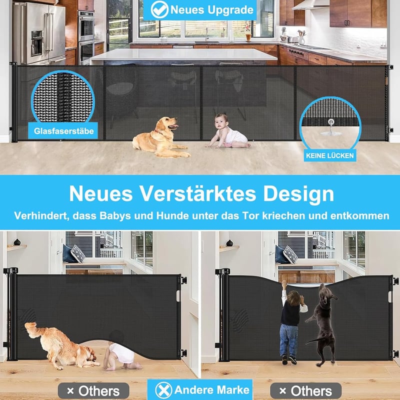 WodonDirect Biztonsági Ajtórács - 500 cm Széles, 86 cm Magas, Kihúzható Gyerekkapu és Kutyarács Lépcsőhöz, Ajtóhoz, Folyosóhoz, Kültérre, Fe