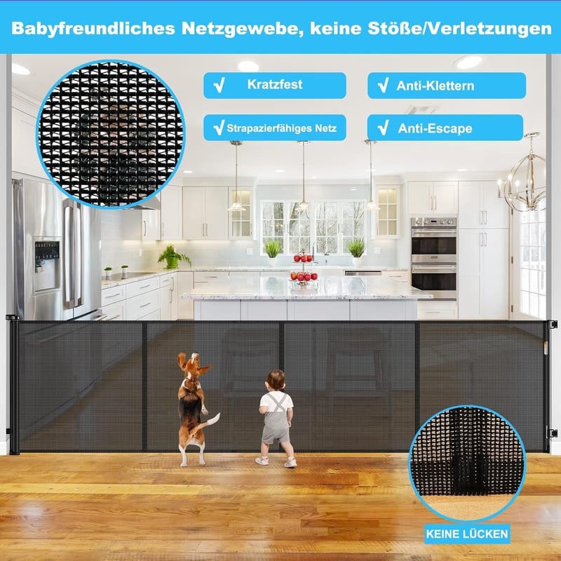 WodonDirect Biztonsági Ajtórács - 500 cm Széles, 86 cm Magas, Kihúzható Gyerekkapu és Kutyarács Lépcsőhöz, Ajtóhoz, Folyosóhoz, Kültérre, Fe
