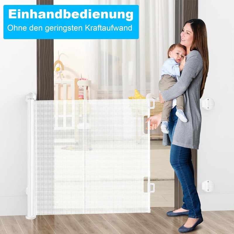 WodonDirect Biztonsági Ajtórács Babáknak és Kutyáknak - Kiterjeszthető 150 cm Széles, 83 cm Magas, Fehér, Fúrás Nélkül Telepíthető Lépcsőrác