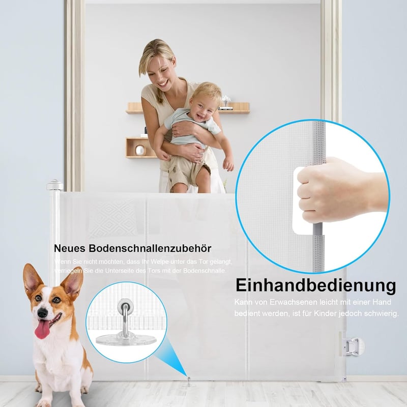 WodonDirect Biztonsági Ajtórács Babáknak és Kutyáknak - Kiterjeszthető 150 cm Széles, 83 cm Magas, Fehér, Fúrás Nélkül Telepíthető Lépcsőrác