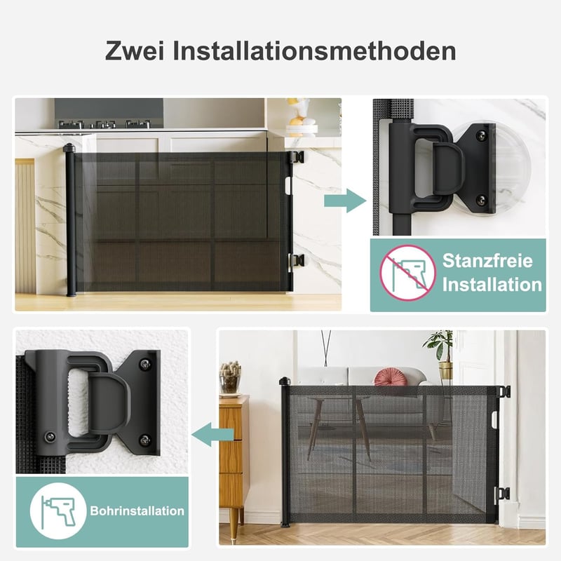 WodonDirect Biztonsági Ajtórács Gyerekeknek és Kutyáknak - Kitolható 150 cm Széles, 83 cm Magas, Fekete, Fúrás Nélkül Rögzíthető Lépcsőrács 