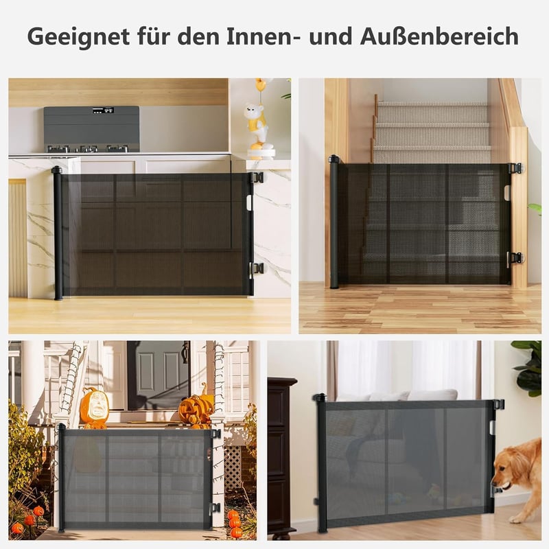 WodonDirect Biztonsági Ajtórács Gyerekeknek és Kutyáknak - Kitolható 150 cm Széles, 83 cm Magas, Fekete, Fúrás Nélkül Rögzíthető Lépcsőrács 