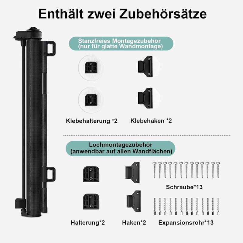 WodonDirect Biztonsági Ajtórács Gyerekeknek és Kutyáknak - Kitolható 150 cm Széles, 83 cm Magas, Fekete, Fúrás Nélkül Rögzíthető Lépcsőrács 