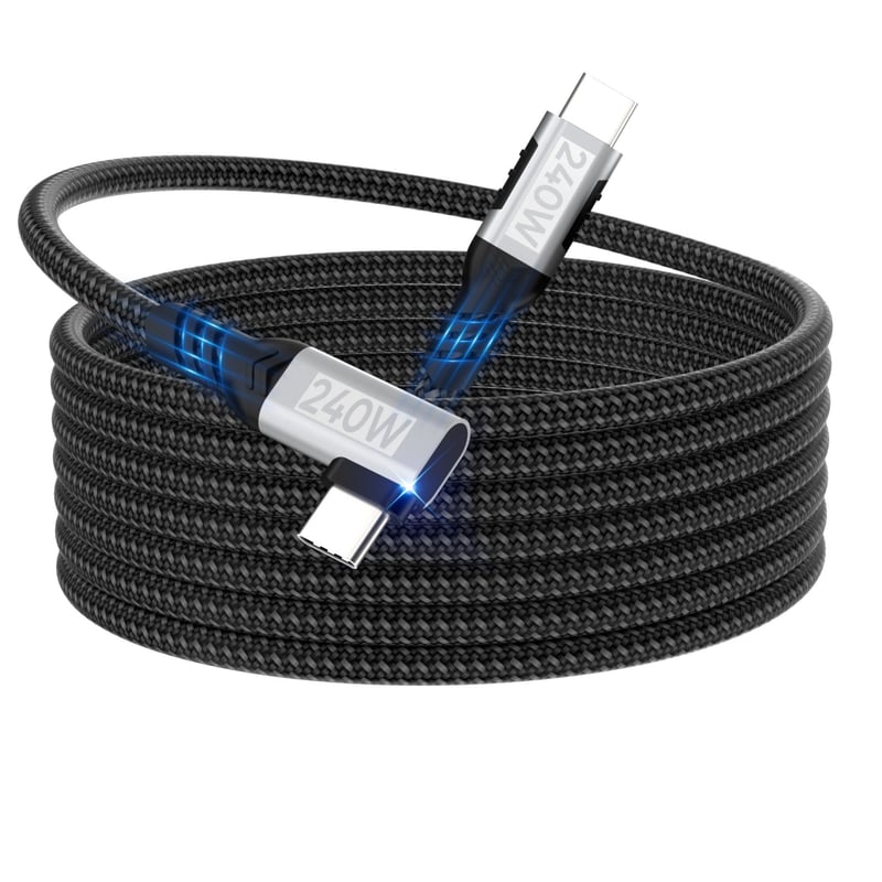 USB-C – USB-C kábel woednx 3 m, 240 W 48V/5A, 90-stupňový pravouhlý nylonový opletený PD3.1 rýchlonabíjací kábel pre iPhone 16 15 Pro Max, Samsung S24 S23, MacBook Pro Air, iPad Pro Mini