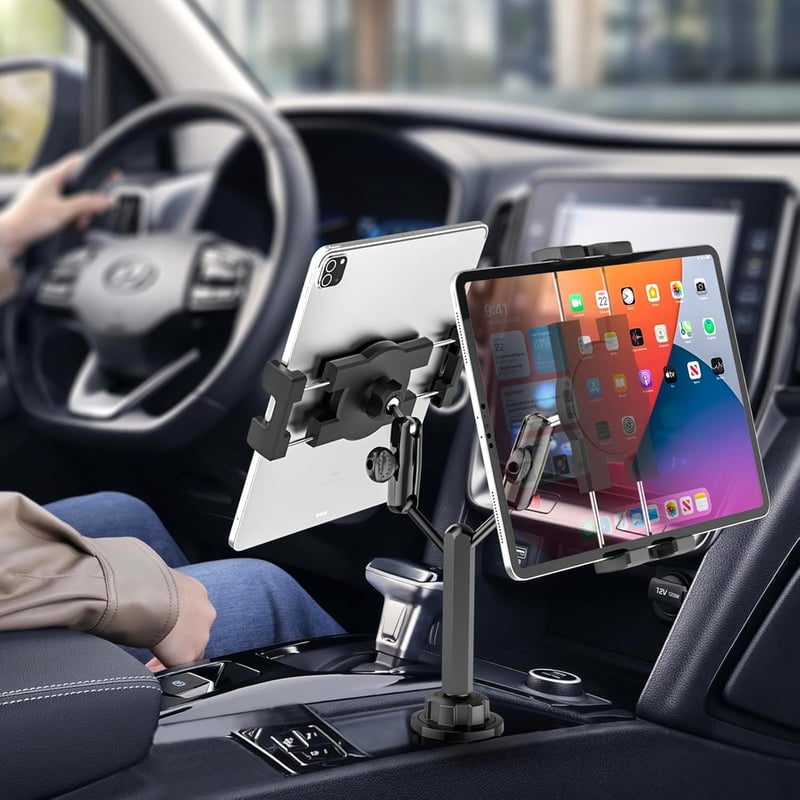 woleyi Dupla Eszköztartó Pohártartóba - Állítható Fém Karos Tablet és Telefon Tartó Autóba, 4-12,9" Készülékekhez, iPad, Galaxy Tab, iPhone 