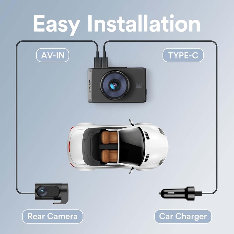 WOLFANG 4K Autós Menetrögzítő Kamera Első-Hátsó Kamerával, GPS, WiFi, 3" IPS Kijelző, Éjjellátó, 170° Látószög, 256GB Támogatás