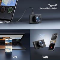 WOLFANG 4K Autós Menetrögzítő Kamera Első-Hátsó Kamerával, GPS, WiFi, 3" IPS Kijelző, Éjjellátó, 170° Látószög, 256GB Támogatás 4