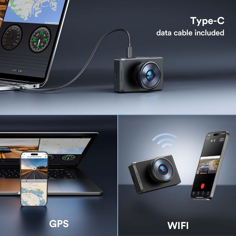 WOLFANG 4K Autós Menetrögzítő Kamera Első-Hátsó Kamerával, GPS, WiFi, 3" IPS Kijelző, Éjjellátó, 170° Látószög, 256GB Támogatás