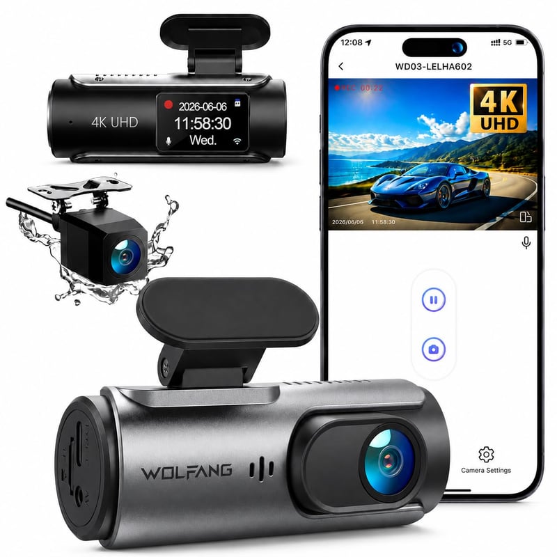Cameră Auto Duală WOLFANG 4K față-spate, Wi-Fi, unghi vizual de 170°, senzor G, mod parcare 24H, vedere nocturnă, înregistrare în buclă