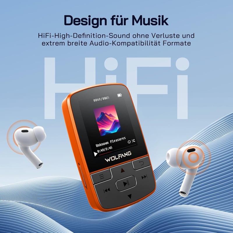 WOLFANG 64GB MP3-lejátszó Bluetooth 5.2 sportclip narancssárga