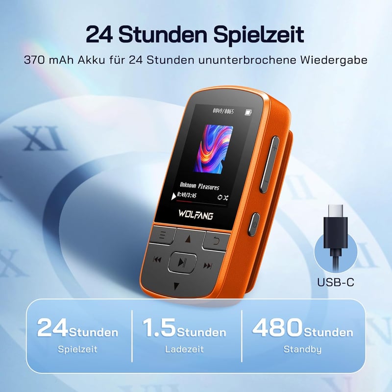 WOLFANG 64GB MP3-lejátszó Bluetooth 5.2 sportclip narancssárga
