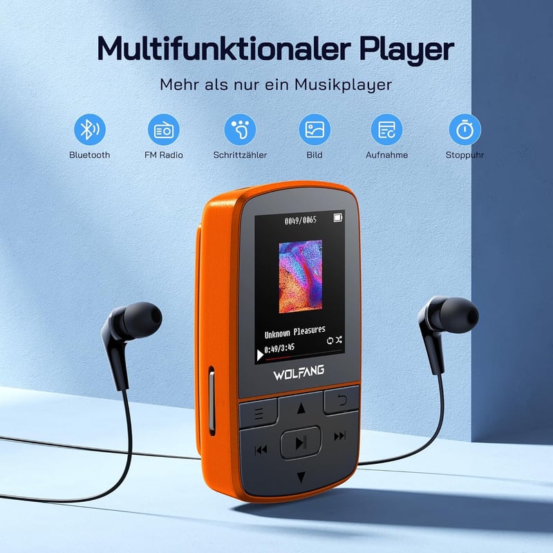 WOLFANG 64GB MP3-lejátszó Bluetooth 5.2 sportclip narancssárga