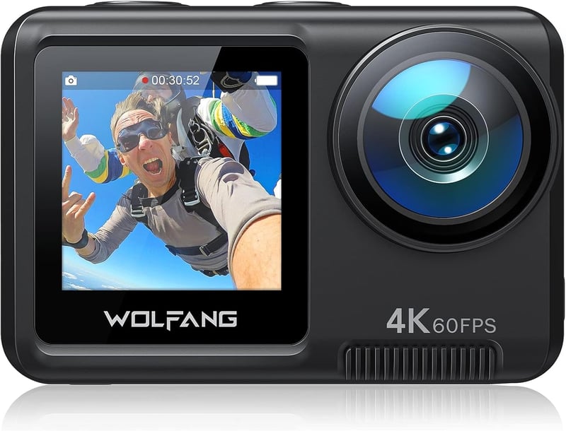 WOLFANG GA420 Akciókamera 4K 60FPS Érintőképernyős Vízálló Sportkamera Képstabilizátorral, WiFi, Külső Mikrofonnal és 2 Akkumulátorral