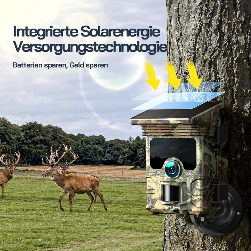 WOLFANG Napelemes Vadkamera 4K 68MP Mobilos Átvitellel - 120° Széles Látószögű WiFi/Bluetooth Vadmegfigyelő Kamera Éjjellátóval, IP66 Vízáll