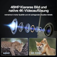 WOLFANG Napelemes Vadkamera 4K 68MP Mobilos Átvitellel - 120° Széles Látószögű WiFi/Bluetooth Vadmegfigyelő Kamera Éjjellátóval, IP66 Vízáll 7