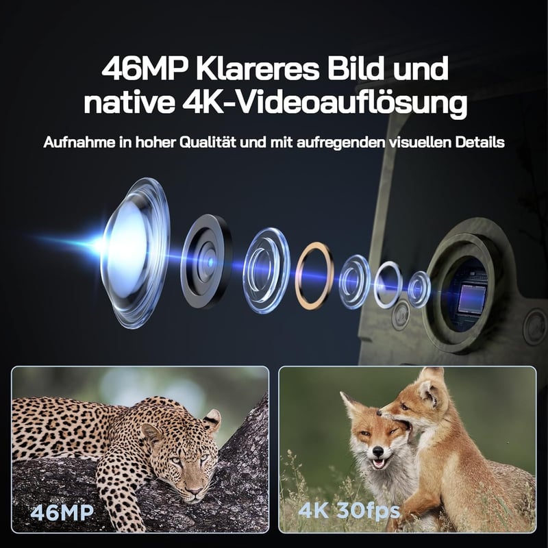 WOLFANG Napelemes Vadkamera 4K 68MP Mobilos Átvitellel - 120° Széles Látószögű WiFi/Bluetooth Vadmegfigyelő Kamera Éjjellátóval, IP66 Vízáll