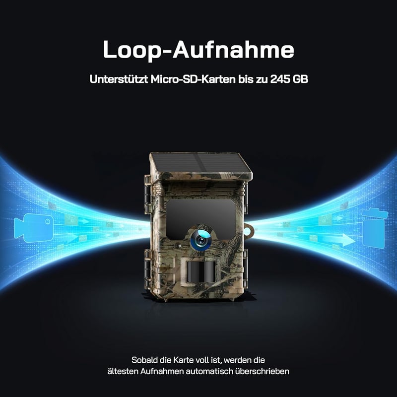 WOLFANG Napelemes Vadkamera 4K 68MP Mobilos Átvitellel - 120° Széles Látószögű WiFi/Bluetooth Vadmegfigyelő Kamera Éjjellátóval, IP66 Vízáll