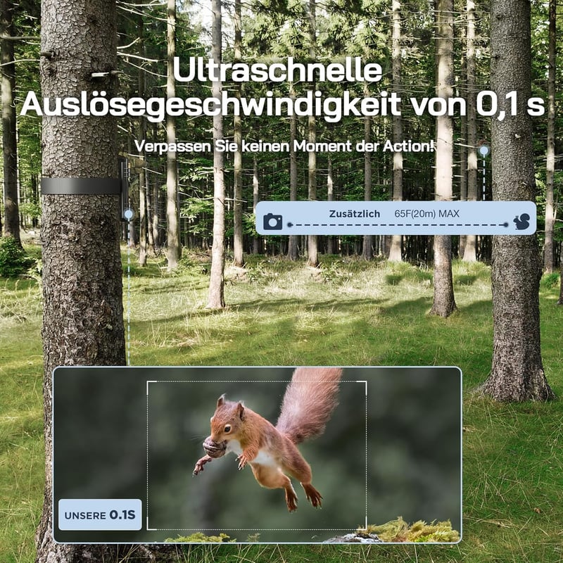 WOLFANG Napelemes Vadkamera 4K 68MP Mobilos Átvitellel - 120° Széles Látószögű WiFi/Bluetooth Vadmegfigyelő Kamera Éjjellátóval, IP66 Vízáll