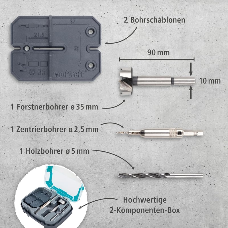 wolfcraft Zsanér Lyuk Készlet 35mm - Fúrósablonok és Fúróbitekkel