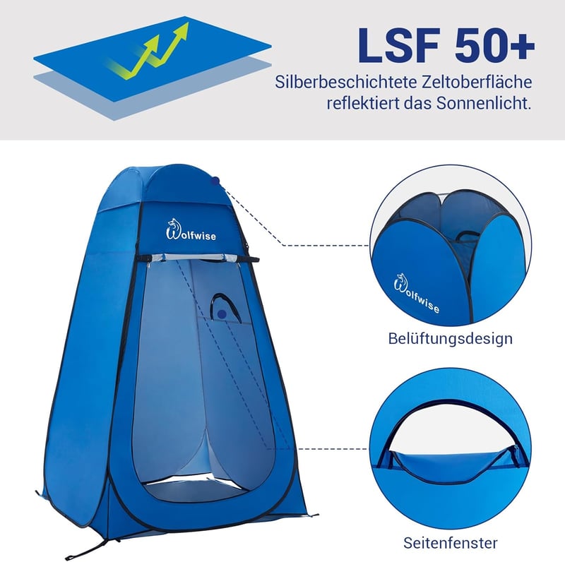WolfWise Hordozható Pop-Up Öltöző és Zuhanyzó Sátor - Kék, UV-védelemmel, Kempingezéshez, Strandoláshoz, Vízálló, 120x120x190 cm - blue