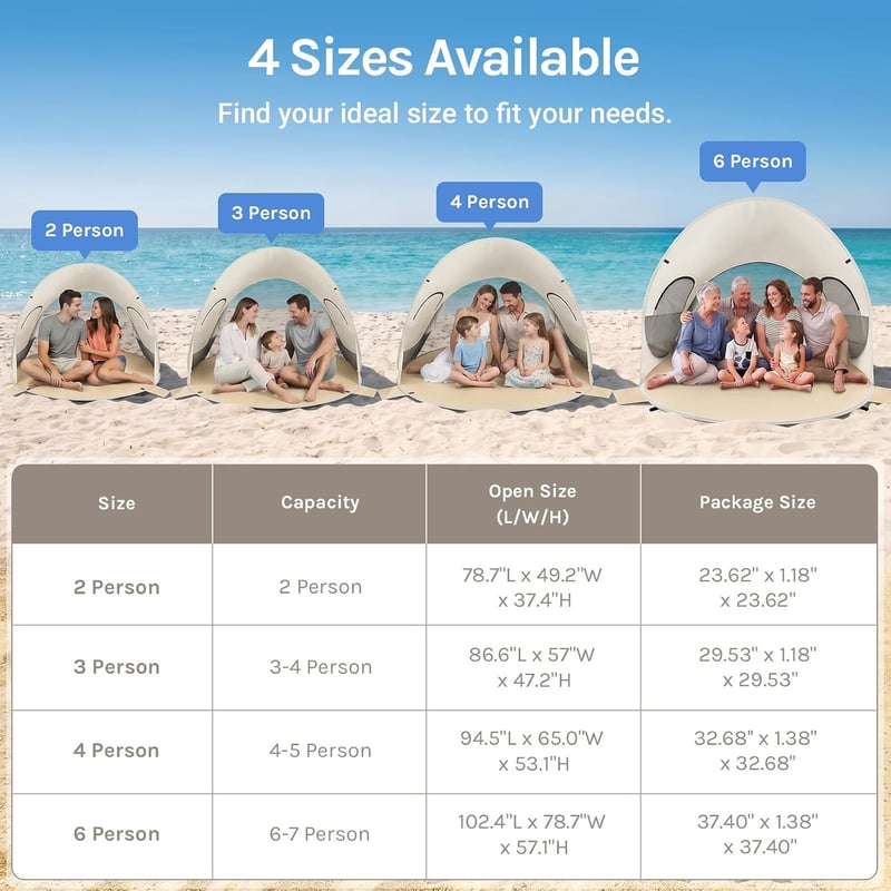 WolfWise Pop-up Strandtáska UPF50+ UV Védelemmel 4-5 Személyes Beige