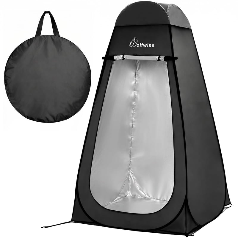 WolfWise PRO Pop-Up zuhanysátor kempinghez, fekete, vízálló, hordozható, talpas kivitel, tárolórekesszel, T-ajtós felnyíló dizájn