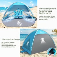 Plážový stan WolfWise pre 4-5 osôb s rýchlou montážou, UV 50+ ochranou, vodoodolný, so zatváracími dverami na zips a sieťkovanými oknami, prenosný, modrý 3