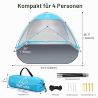 Plážový stan WolfWise pre 4-5 osôb s rýchlou montážou, UV 50+ ochranou, vodoodolný, so zatváracími dverami na zips a sieťkovanými oknami, prenosný, modrý 5