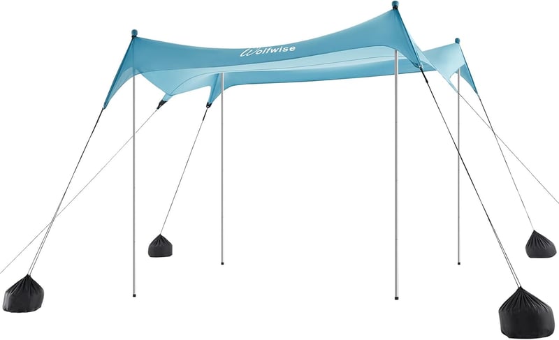 WolfWise UPF50+ Strandpavilon Homokrögzítővel - 2,3x2,3m Kék Strandsátor 2-6 Személynek, Szélálló, Vízálló, Könnyű Összeszerelés