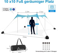 WolfWise UPF50+ Strandpavilon Homokrögzítővel - 2,3x2,3m Kék Strandsátor 2-6 Személynek, Szélálló, Vízálló, Könnyű Összeszerelés 7