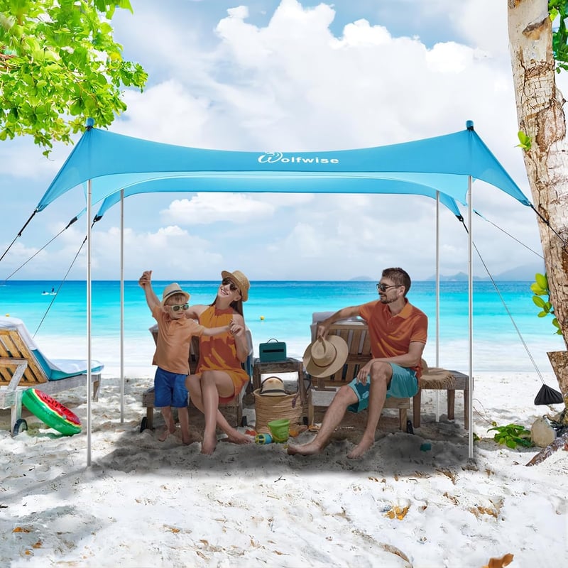 WolfWise UPF50+ Strandpavilon Homokrögzítővel - 2,3x2,3m Kék Strandsátor 2-6 Személynek, Szélálló, Vízálló, Könnyű Összeszerelés